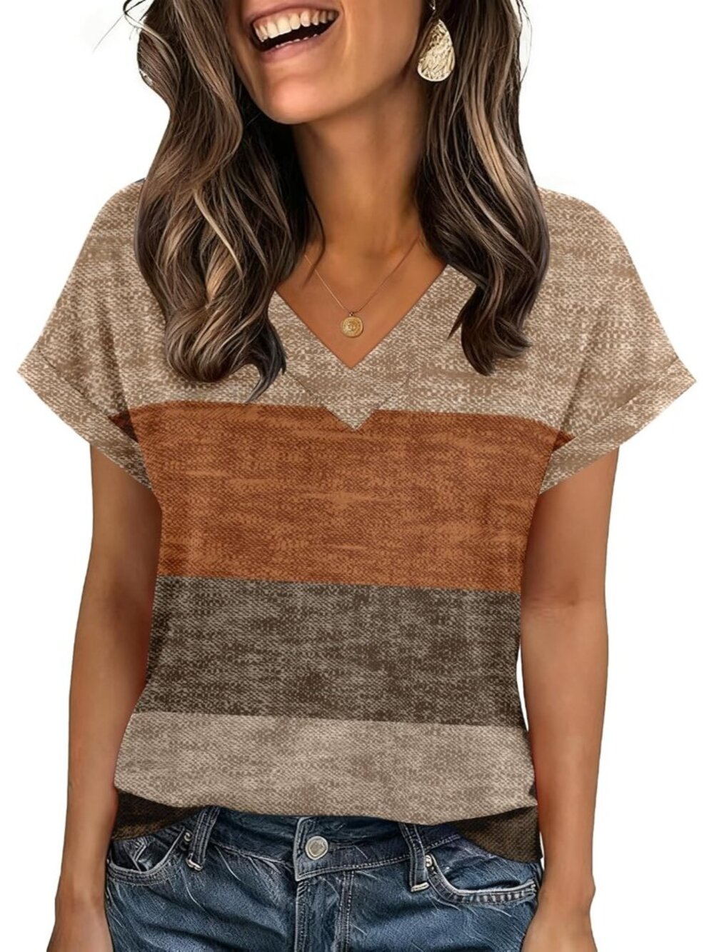 Women's Khaki Short Sleeve V Neck Basic Tees Shirts Casual Tops Blouses